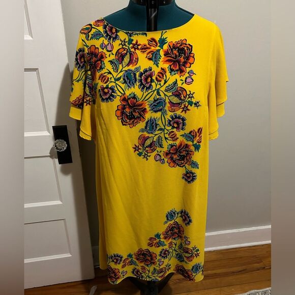 NWOT C.1946 Cato Yellow and Colorful Floral Flouncy Sleeve Knee Smock Dress - Picture 1 of 14